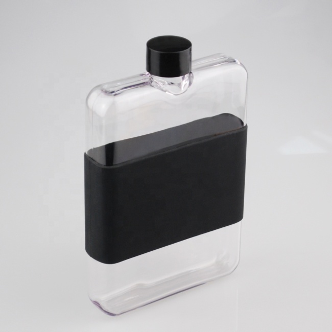 Square Tritan plástico personalizado 500ml notebook memo botella de agua plana delgada botella de agua delgada con funda de silicona