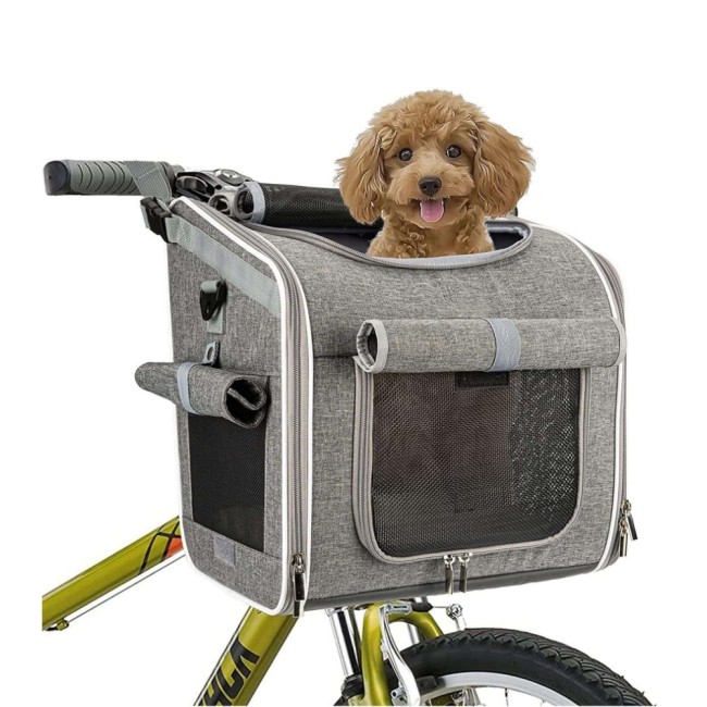 Cesta de bicicleta para cachorro, mochila expansível de lado macio com 4 portas abertas, 4 janelas de malha para filhotes de gato de cachorro médio
