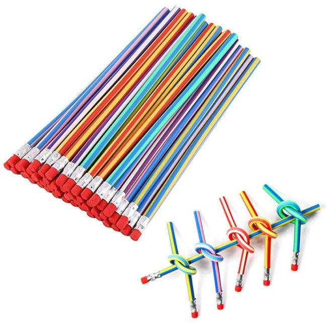 Lápis listrado multicolorido flexível e flexível com borracha para estudantes ou crianças