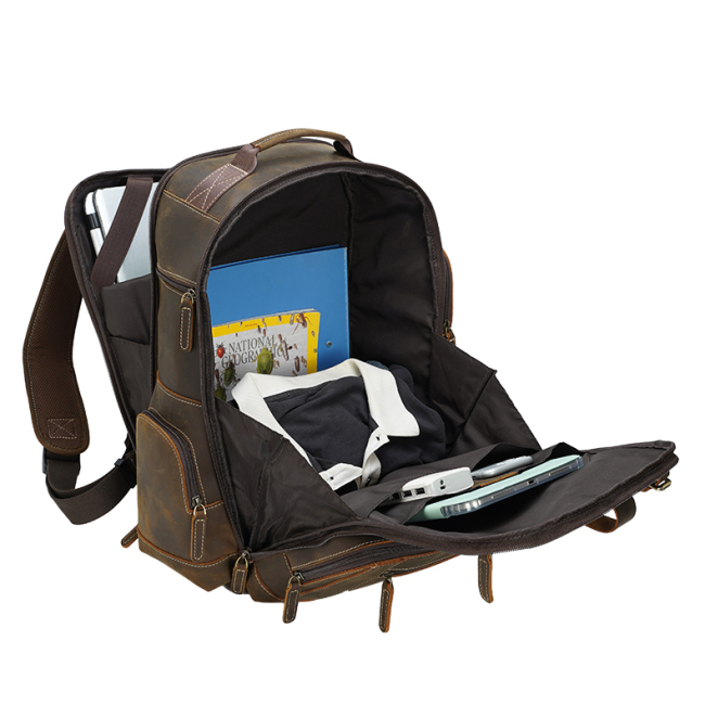Mochila de couro marrom masculina mochila de couro genuíno para laptop para viagens