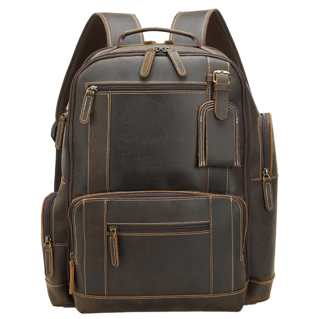 Mochila de couro marrom masculina mochila de couro genuíno para laptop para viagens