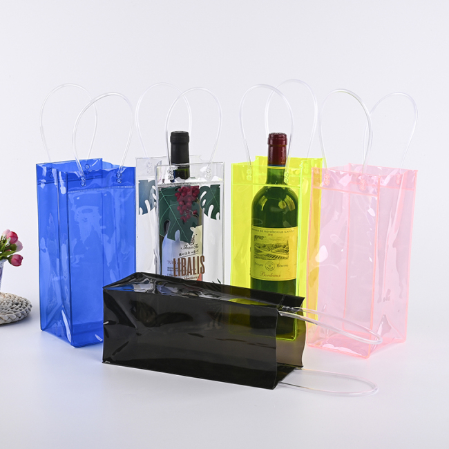 Color printing Transparent PVC wine Ice Bag  Wine Pouch Cooler Bag with Handle champagne bags
