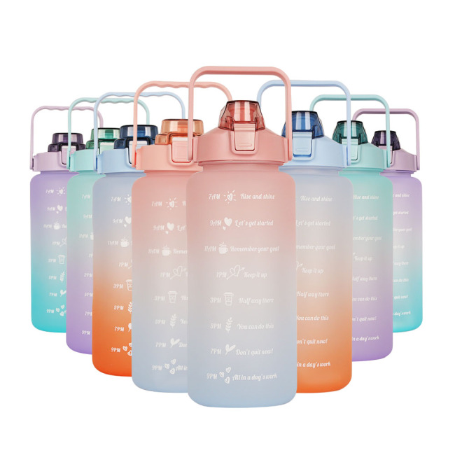 BPA-mentes, szivárgásmentes 64 oz motivációs vizes palack időkészítővel, 2 literes fél gallon gradiens, nagy sport műanyag vizes palack