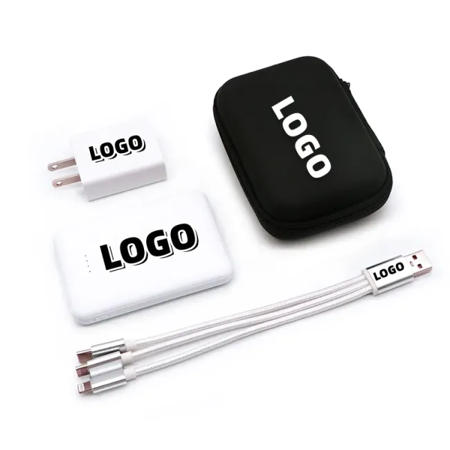 Személyre szabott logós ajándékkészletek, gyorstöltővel, tápegység USB 3 az 1-ben kábelekkel üzleti használatra