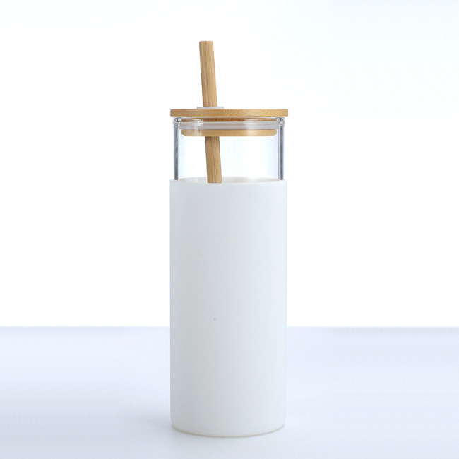 Vaso de vidrio, botella de agua de vidrio de 20 oz con funda protectora de silicona y tapa de bambú, sin BPA