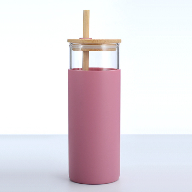 Vaso de vidrio, botella de agua de vidrio de 20 oz con funda protectora de silicona y tapa de bambú, sin BPA