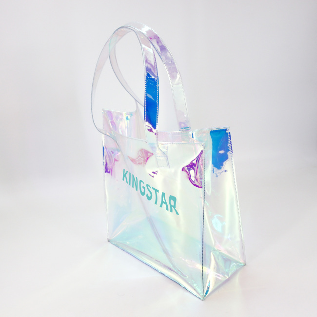 purple Transparent Holographic Clear PVC Shopping Bag with Handle Waterproof Beach PVC Tote Bag