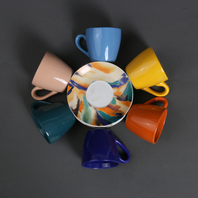 Mini tazas de café de porcelana con logotipo multicolor de Color personalizado con platillo, taza de café de cerámica y platillos