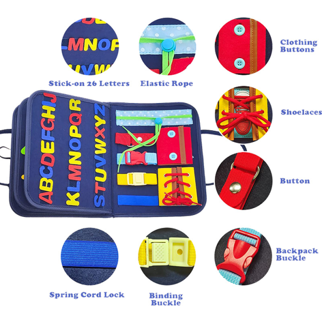 Tablero de juguetes de actividad de habilidades básicas Montessori para niños pequeños educación temprana/tablero ocupado de fieltro para bebés libro de bolsa educativa