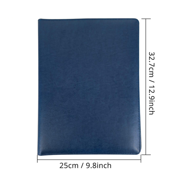 Pasta de arquivo de couro PU azul com logotipo personalizado Portfólio de pasta de documentos de couro