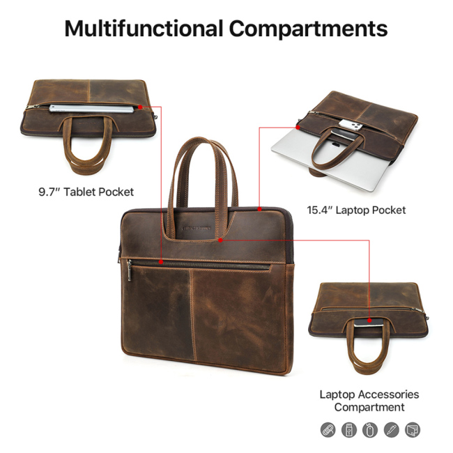 Funda de cuero para portátil de 14 y 15 pulgadas, maletín con conchas, bolso de cuero delgado Vintage para portátil para Macbook Pro 14 Inc