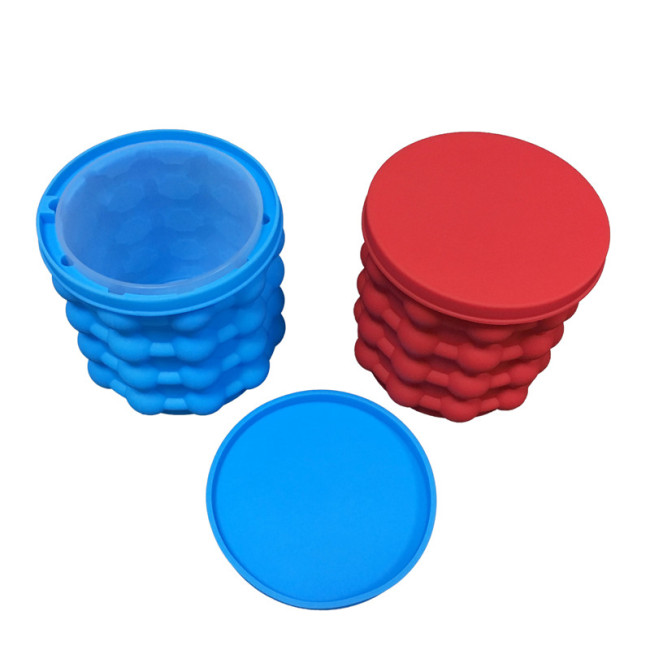Silicona portátil, medio redondo, ahorro de espacio, chips de hielo, cubo de hielo, cilindro, molde para hacer cubitos de hielo con tapa, azul y rojo