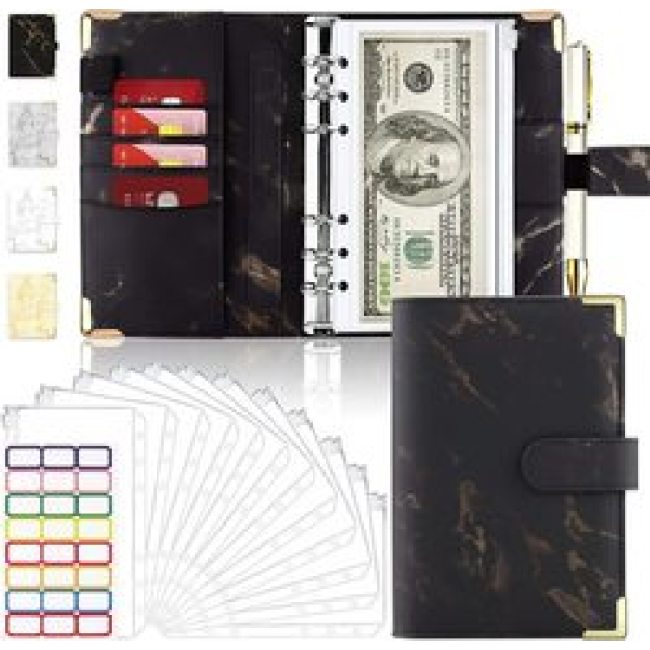 A6 PU bőr márvány jegyzetfüzet irattartó költségvetés tervező pénzrendező főkönyvi megtakarításokhoz 12 cipzáras borítékzseb matricával