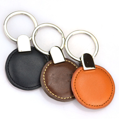 Custom Logo Metal Car Key Tag Leather Chain Round Key Ring Keyring Pu Leather Keychains