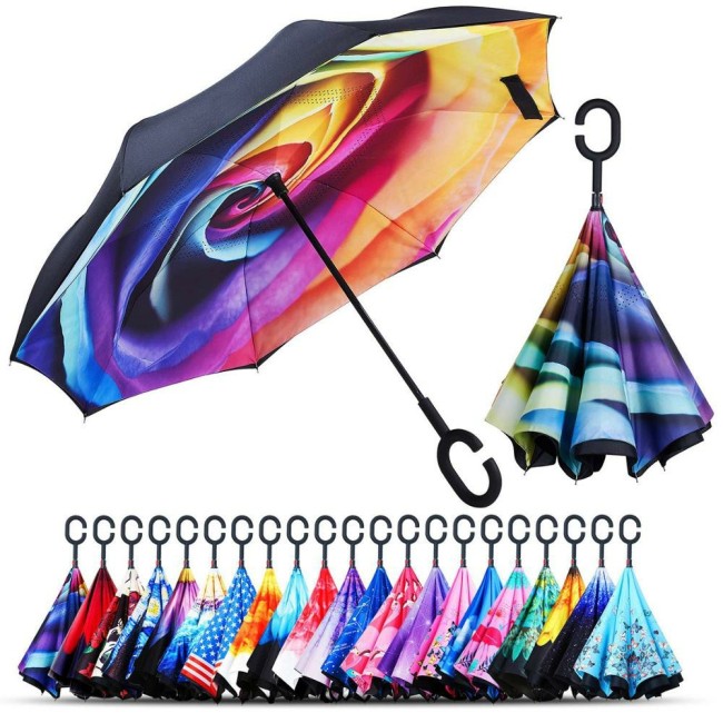 Nagykereskedelmi Egyedi C fogantyú szélálló fordított esernyő kétrétegű 49" íves fejjel lefelé esernyő kifordítva esernyő