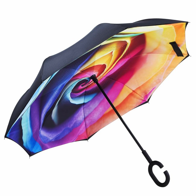 Nagykereskedelmi Egyedi C fogantyú szélálló fordított esernyő kétrétegű 49" íves fejjel lefelé esernyő kifordítva esernyő