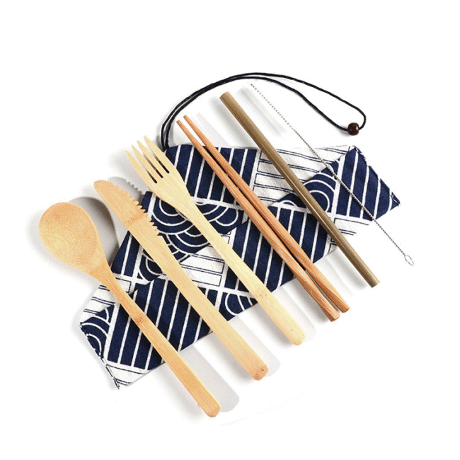 Bambusz kanál villával készlet evőeszközök készlet
