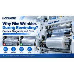Film wrinkles during rewinding on slitter rewinder.