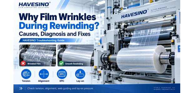 Film wrinkles during rewinding on slitter rewinder.