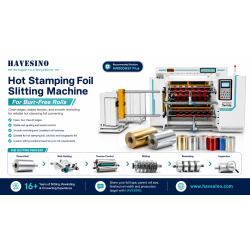 **ALT:**HAVESINO hot stamping foil slitting machine for burr-free rolls with stable tension control, smooth rewinding and clean finished foil rolls.