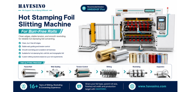 **ALT:**HAVESINO hot stamping foil slitting machine for burr-free rolls with stable tension control, smooth rewinding and clean finished foil rolls.