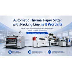 Automatic thermal paper slitter with integrated packing line for efficient POS paper roll production.