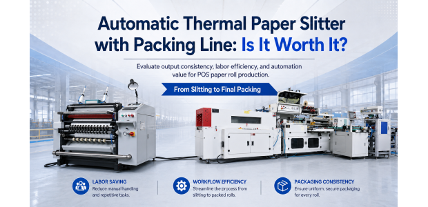 Automatic thermal paper slitter with integrated packing line for efficient POS paper roll production.