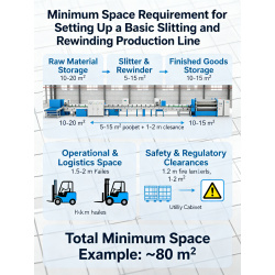 What is the minimum space requirement for setting up a basic slitting and rewinding production line?