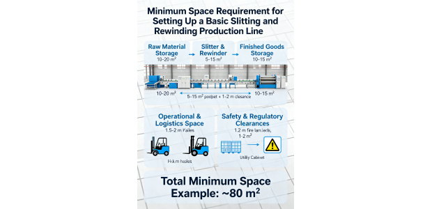 What is the minimum space requirement for setting up a basic slitting and rewinding production line?