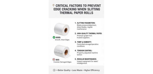 What are the critical factors to prevent edge cracking when slitting thermal paper rolls?