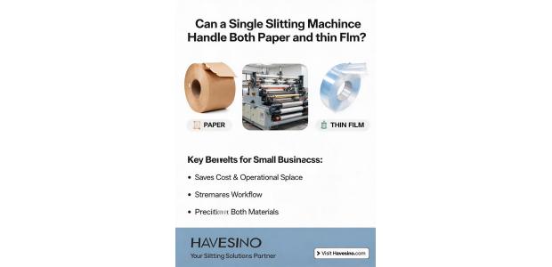 Can a single slitting machine handle both paper and thin film materials for a small packaging business?