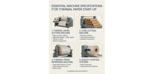 For a start-up processing thermal paper, what machine specifications are essential to begin with?