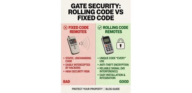 What are the advantages of rolling code remote controls over fixed code remotes for gate security?