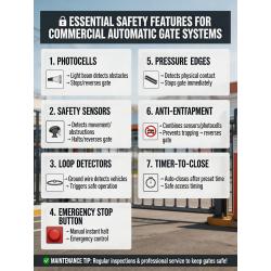 What safety features, like photocells and safety sensors, are essential for a commercial automatic gate system?