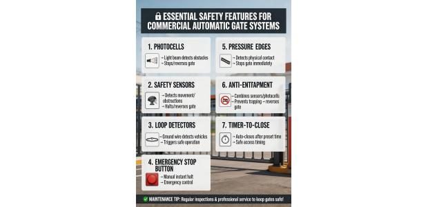 What safety features, like photocells and safety sensors, are essential for a commercial automatic gate system?