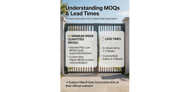 What are the minimum order quantities and lead times typically offered by manufacturers for gate automation kits?