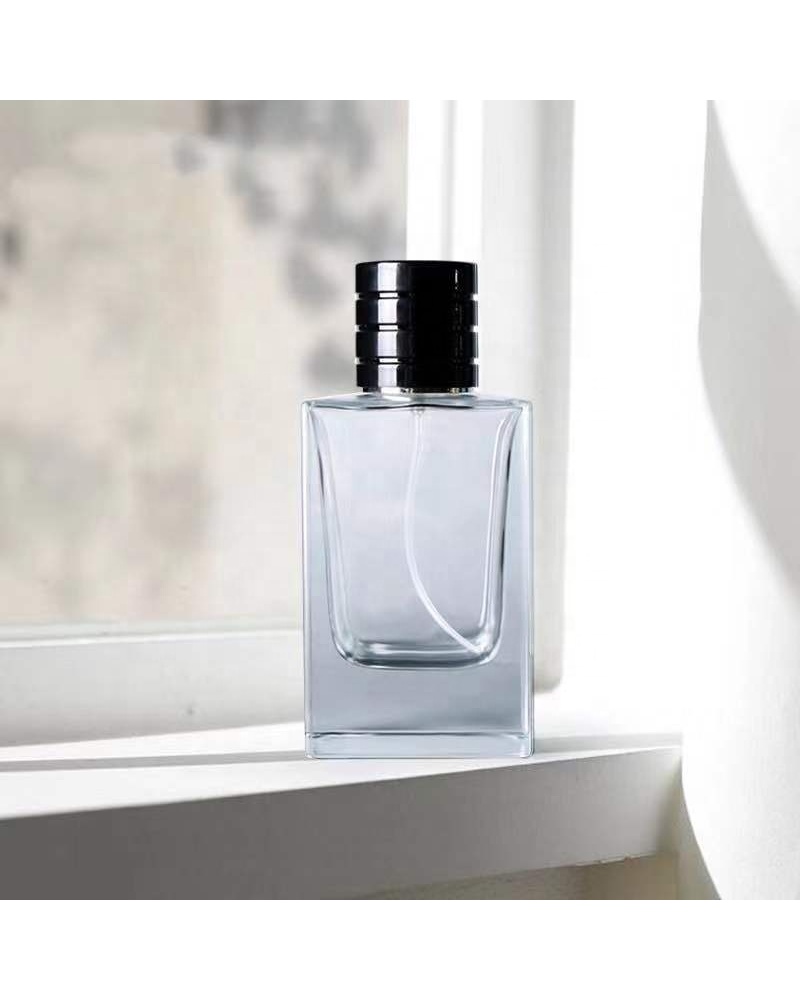 100ml OEM room rectangle transparent perfume spray 100ml glass bottle with black cap