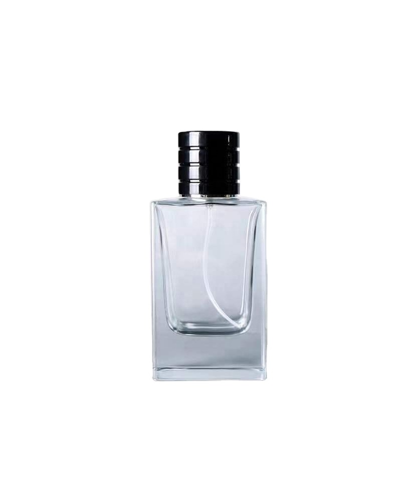 100ml OEM room rectangle transparent perfume spray 100ml glass bottle with black cap