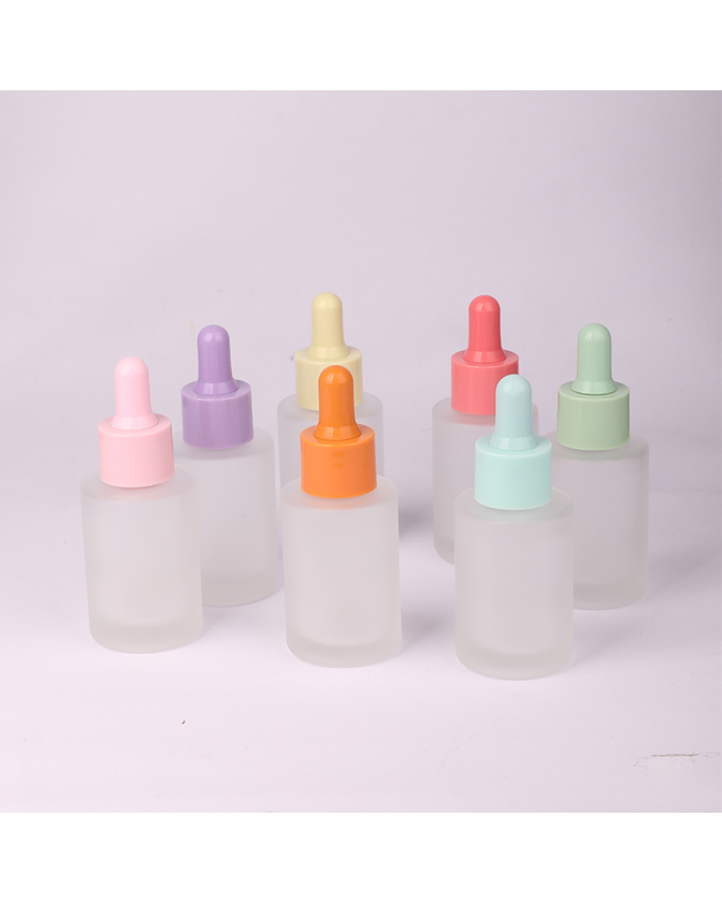 China Wholesale Frosted Flat Shoulder Modern Empty 30ml Design Purple Round Glass Dropper Bottle