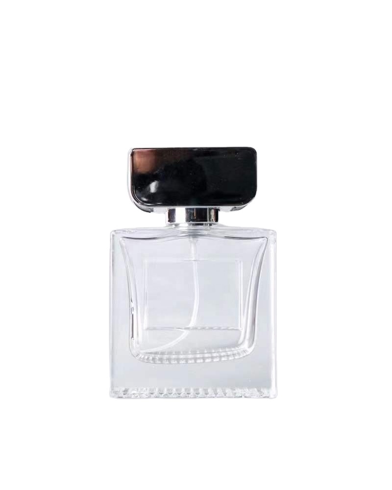 OEM transparent creative design sprayer bottle 100ml square perfume glass bottle with black cap