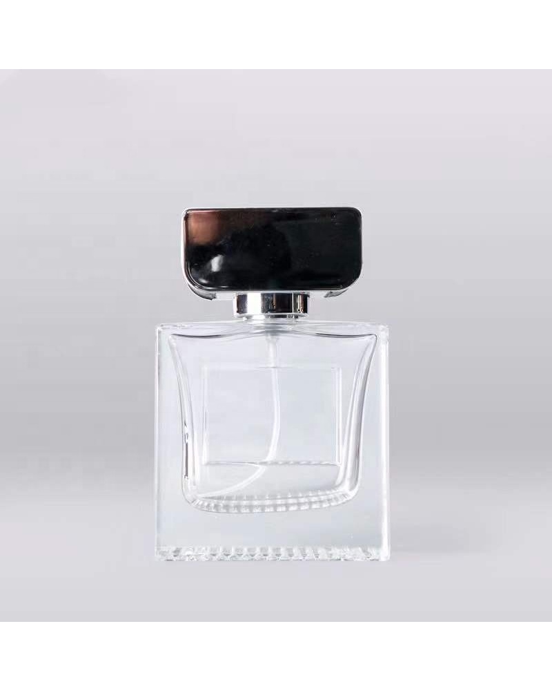 OEM transparent creative design sprayer bottle 100ml square perfume glass bottle with black cap