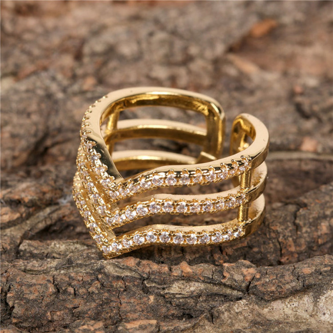 RM1189 Dainty Delicate  Minimalist Gold Plated CZ Micro Pave Triple Strand Chevron V Crown Stack Rings for Ladies