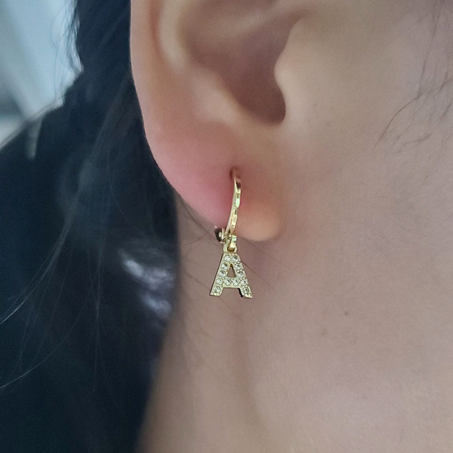 EC1619 Mini Gold Plated Cubic Zirconia CZ Micro Pave Initial Letter Huggie Earring, Diamond Letter Alphabet Huggies