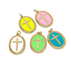 JS1578 18K Gold Plated brass metal enamel colorful cross oval shape charms Pendant JS1578 18K Gold Plated brass metal enamel colorful cross oval shape charms Pendant