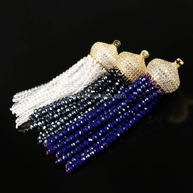 JF7126 Tiny faceted gemstone beaded tassels with cz micro pave cap