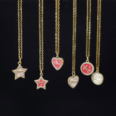 NS1195 Trendy enamel heart pendant women necklace,fashion water proof stainless steel O chain Diamond star ladies necklace