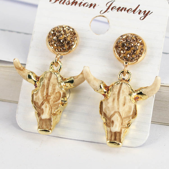 ER1029 Rhinestone Pave Stud with Gold Plated Oxhead Bull Head Charm Earrings