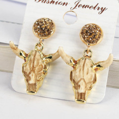 ER1029 Rhinestone Pave Stud with Gold Plated Oxhead Bull Head Charm Earrings