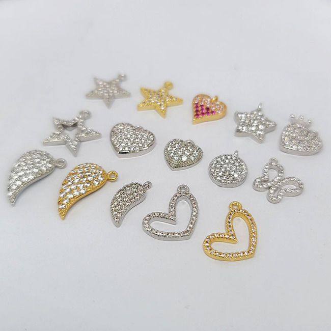 CZ8440 Dainty mini 18k gold silver plated CZ micro pave diamond Star Heart Angel Wing Butterfly Disc Round Charm Pendants