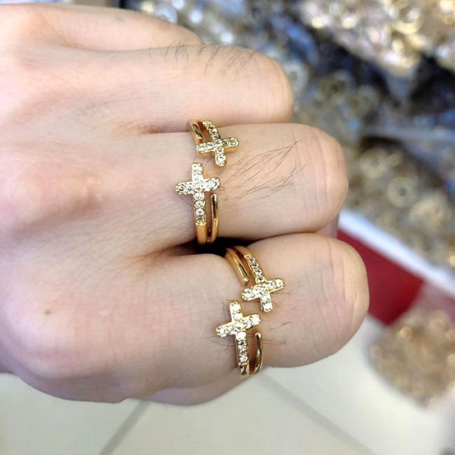 RM1136 Chic Dainty Simple Diamond CZ Micro Pave Sideways Cross Religious Finger Rings